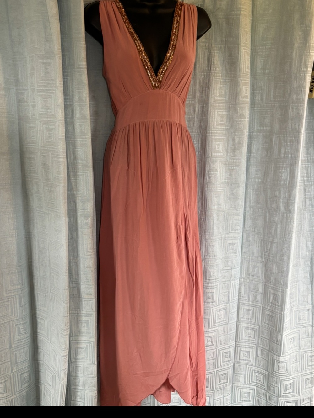 Dusty rose plunge neck sequin trim rayon Goddess maxi gown Sz XS